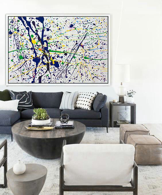 Extra Large 72" Acrylic Painting,Oversized Horizontal Contemporary Art,Large Wall Art Canvas,White,Dark Blue,Yellow,Green.etc